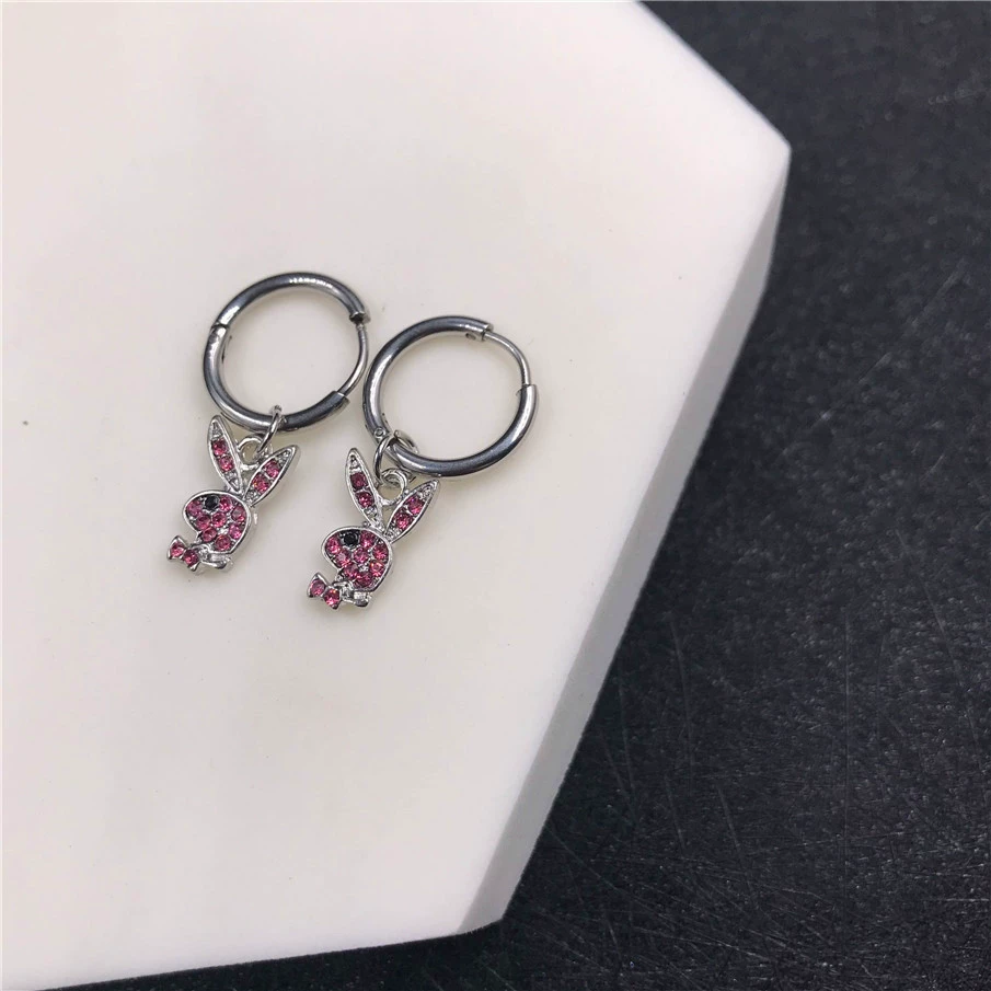 Кролик клип-уши серьги, нержавеющая сталь, кристалл из rhinestone, панк-хип-хоп стиль, без прокола