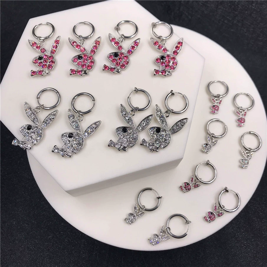 Кролик клип-уши серьги, нержавеющая сталь, кристалл из rhinestone, панк-хип-хоп стиль, без прокола