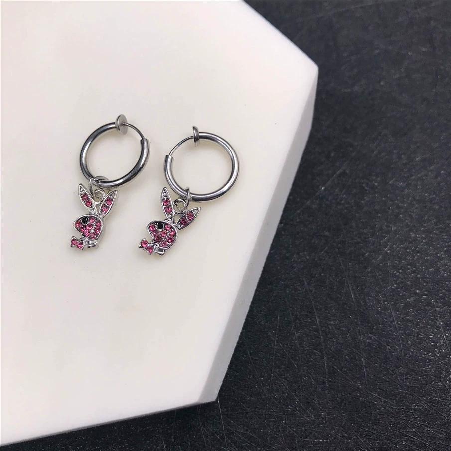 Кролик клип-уши серьги, нержавеющая сталь, кристалл из rhinestone, панк-хип-хоп стиль, без прокола