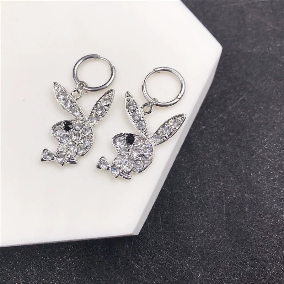 Кролик клип-уши серьги, нержавеющая сталь, кристалл из rhinestone, панк-хип-хоп стиль, без прокола
