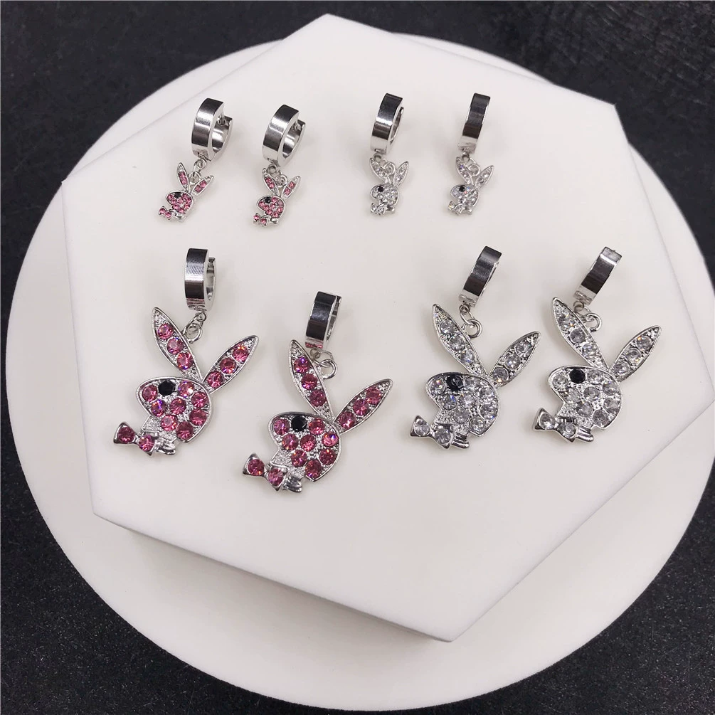 Кролик клип-уши серьги, нержавеющая сталь, кристалл из rhinestone, панк-хип-хоп стиль, без прокола