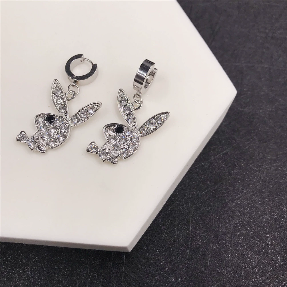 Кролик клип-уши серьги, нержавеющая сталь, кристалл из rhinestone, панк-хип-хоп стиль, без прокола