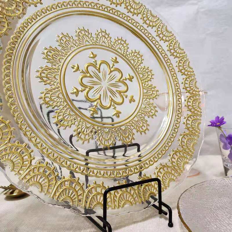 Chinese Traditional European Royal Universal Transparent Gold Flower Wedding Birthday Banquet Hotel Celebration Creative Glass Plate