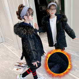女童牛仔可拆加厚风衣派克服中大童2026休闲棉衣可拆中长款外套潮