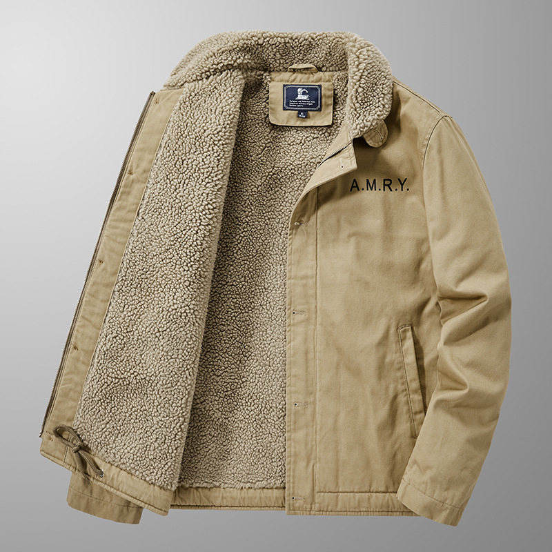 Lamb short men's winter thick fur collar, plush pilot jacket, lamb wool cotton jacket_voghion.com