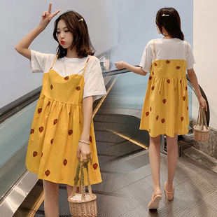 Maternity Dress, Fake Two-Piece, Loose, Large Size, Suspender, Printed, Short-Sleeved, Mid-Length Maternity Dress, Floral, Slimming