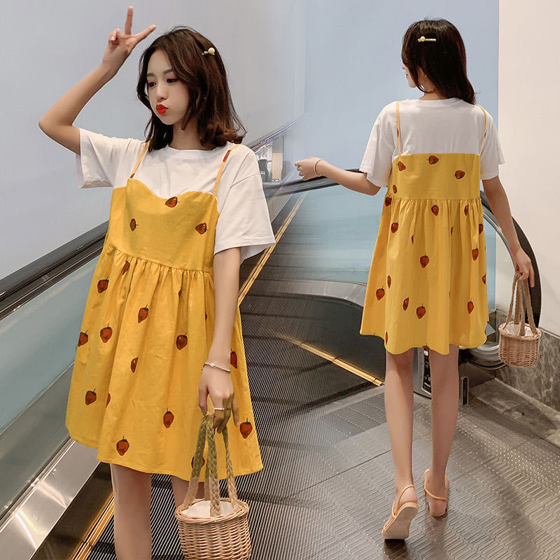 孕婦裝連衣裙假兩件韓版寬鬆大碼吊帶印花短袖中長款孕婦裙子