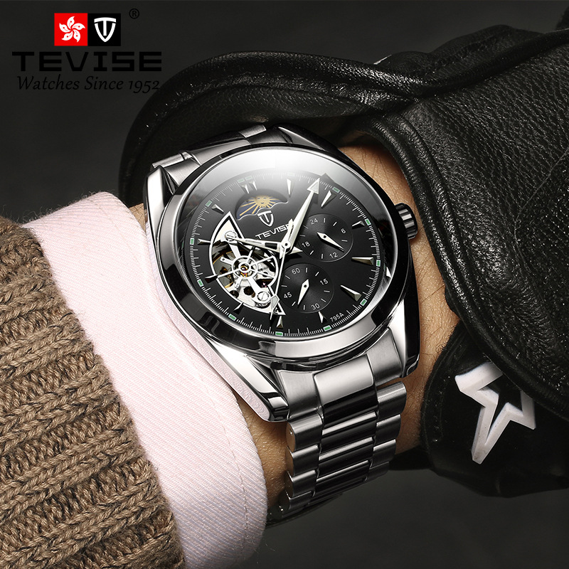 Swiss tevise teweys reloj de marca famosa reloj Tourbillon para hombre reloj mecánico impermeable reloj de correa de acero para hombre de negocios grande