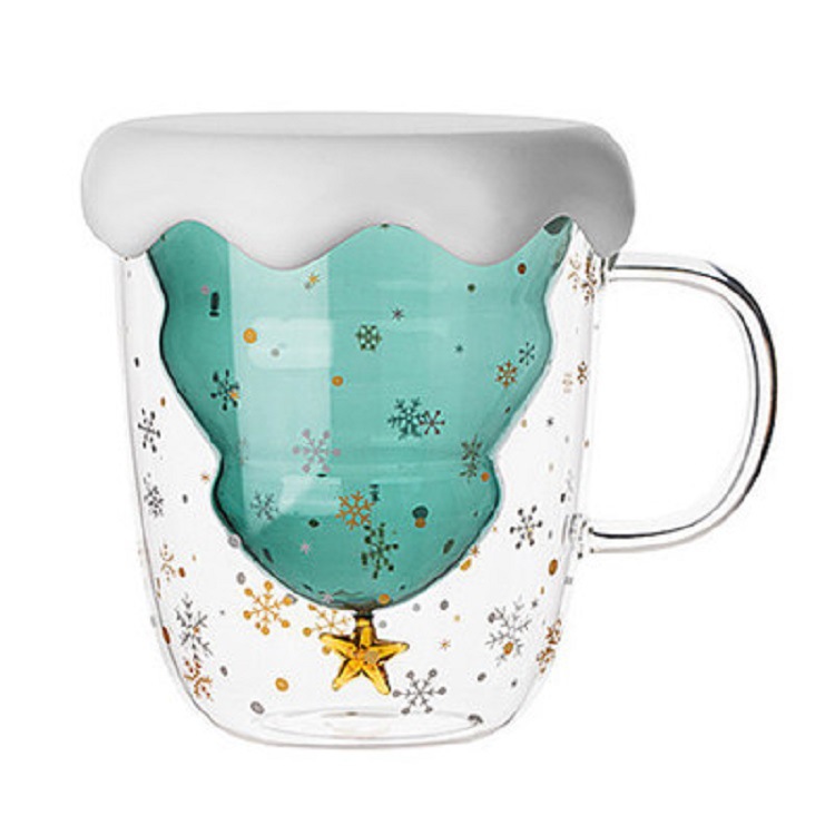 Fábrica al por mayor de vidrio de borosilicato Star Wish Cup taza creativa taza de árbol de Navidad taza de café de marca de oficina de doble capa