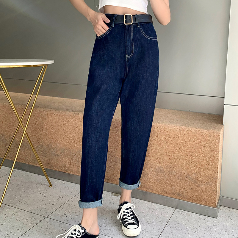 Plus Size Women's Pants with Pear-Shaped Body, Dark Blue Denim Pants, Women's Radish Nine-Point High-Waisted Straight Pants, Cross-Border Order Slimming Look