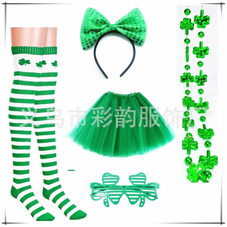 Nuevo conjunto de adornos del día de San Patricio irlandés de trébol verde, banda de pelo, gafas, vestido, conjunto