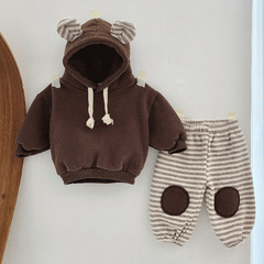 Korean style ins baby cute clothes plus velvet hooded bear sweatshirt sweatpants striped patch pants