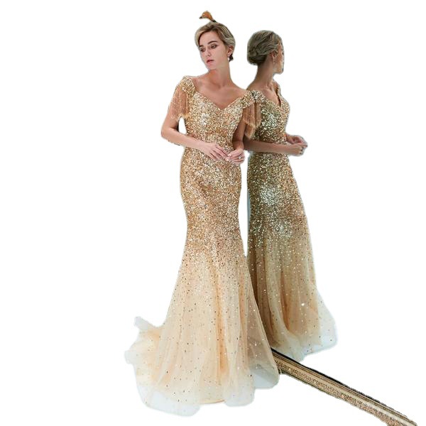 Vestido estilo eBay para mujer, nuevo modelo 2025, estilo europeo y americano, sexy, con manga raglán, cuello en V y falda larga con detalles dorados.