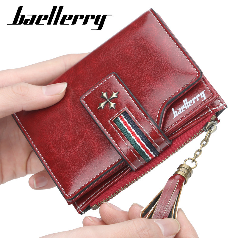 Women's Short Wallet Baellerry Korean Style Oil Wax Leather Tassel Women's Bag Fashionable Multi-Card Slot Zipper Coin Purse