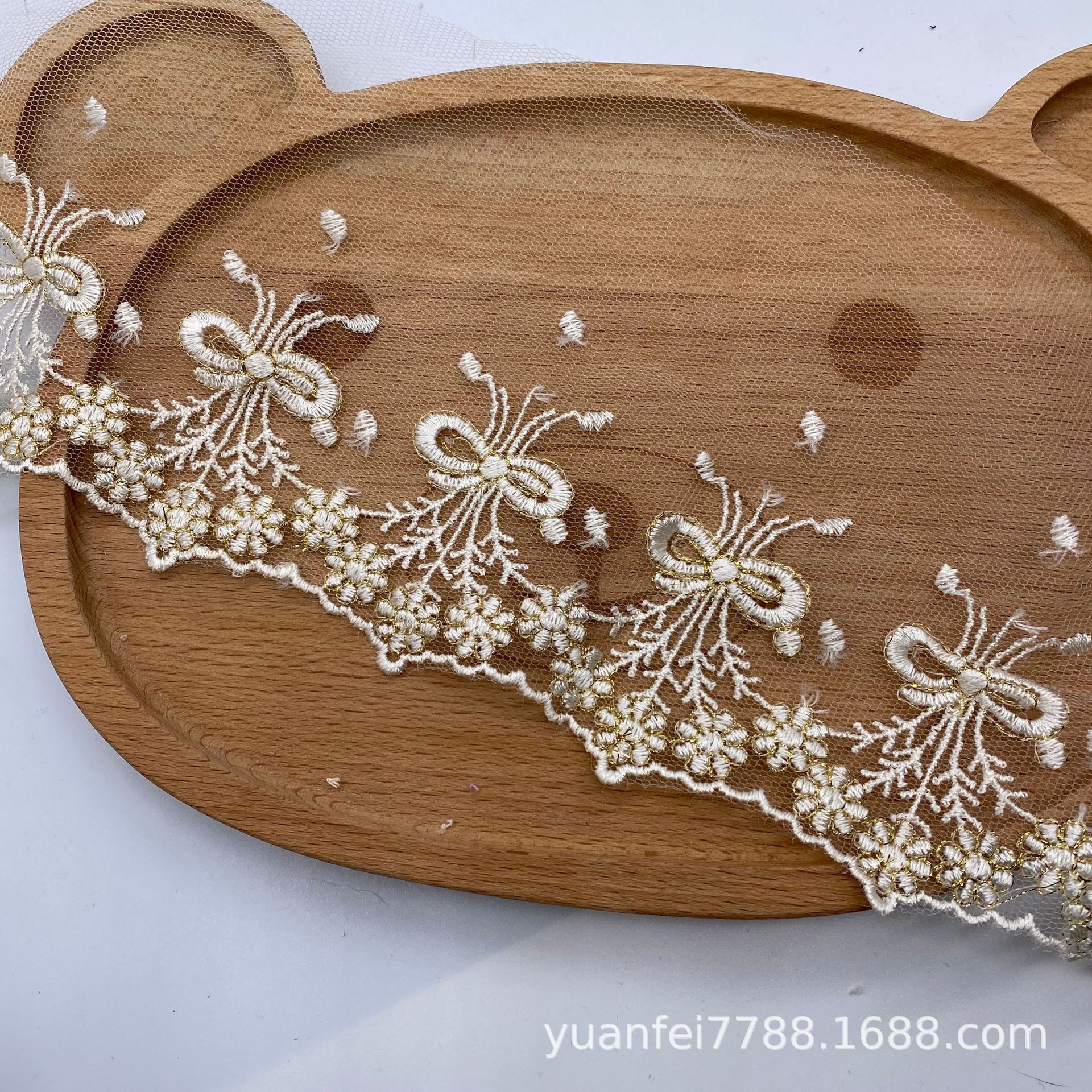 A-1562蝴蝶结金线人造丝刺绣透明网洛丽塔洋装蕾丝花边辅料