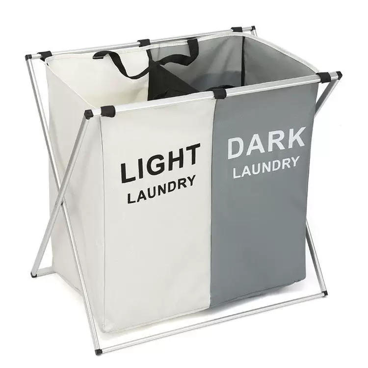 Laundry basket, foldable double-compartment, metal frame, compact storage 35×20×11 cm