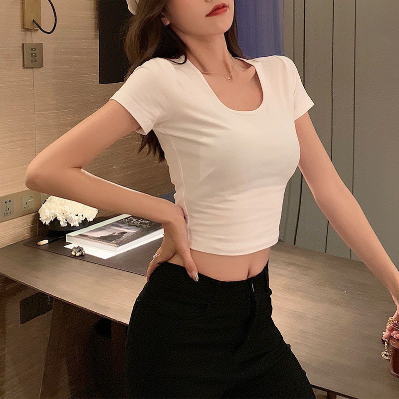 T-Shirt Women's Short-Sleeved 2021 New Women's Korean Style Tight Round Neck Navel-Baring Short Top Women's Trendy One-Piece Drop Shipping 008