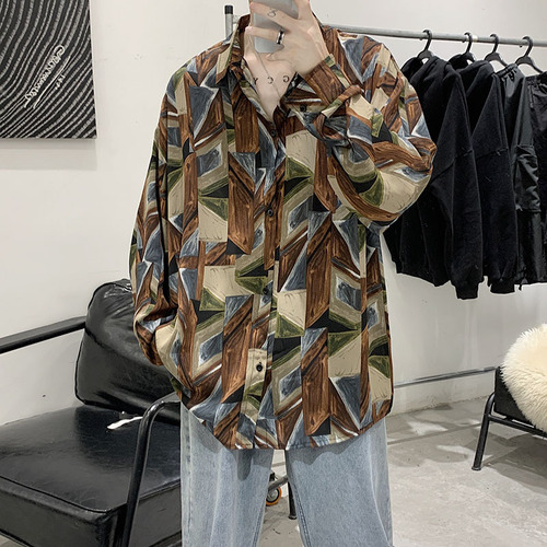 New autumn long-sleeved shirt for men Korean style trendy and versatile ins Hong Kong style loose casual and iron-free retro floral shirt