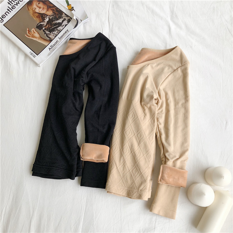 Ropa interior térmica forrada de invierno para mujeres forrada de lana gruesa térmica manga larga cuello redondo camisa de fondo engrosada ropa interior térmica manga larga