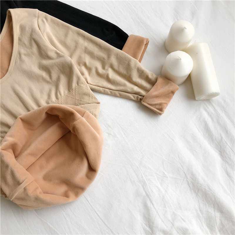 Ropa interior térmica forrada de invierno para mujeres forrada de lana gruesa térmica manga larga cuello redondo camisa de fondo engrosada ropa interior térmica manga larga