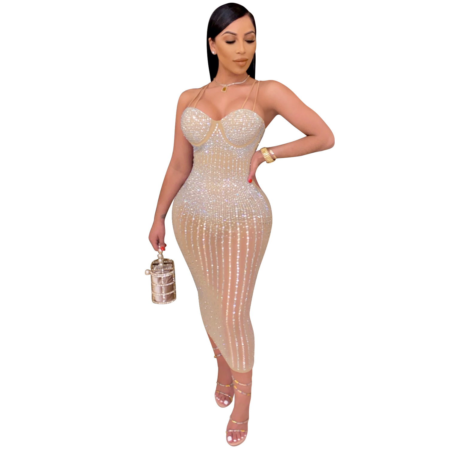 X3805 transfronterizo nueva moda europea y americana ropa de mujer fiesta discoteca malla perspectiva rhinestone diamante Correa vestido