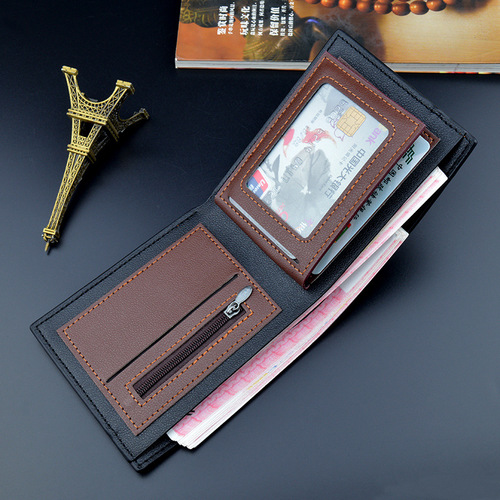 New men's wallet, men's short wallet, men's fashion contrasting color thin frosted large capacity zipper horizontal soft wallet