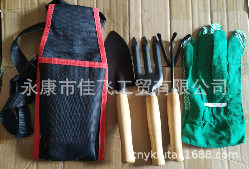 厂家直销 园艺工具5件套礼品 园林铲叉耙子套装点珠手套