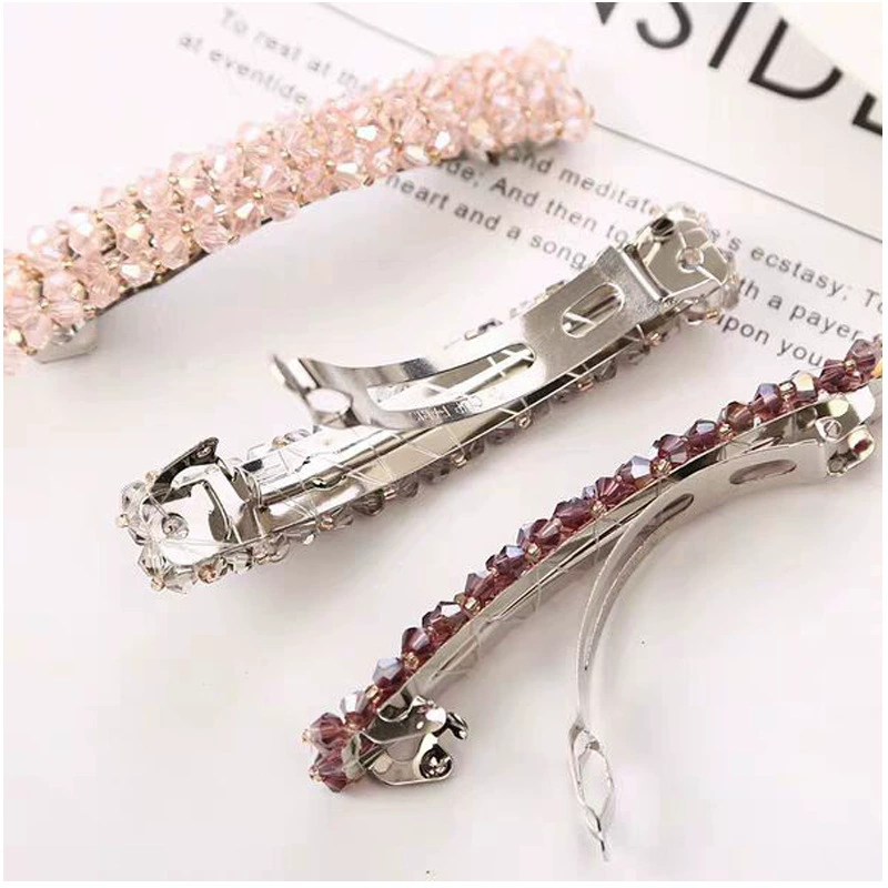 Hairpin crystal clip, hand‑made rhinestone alloy, fishline weave, Korean style, 9×1.6 cm
