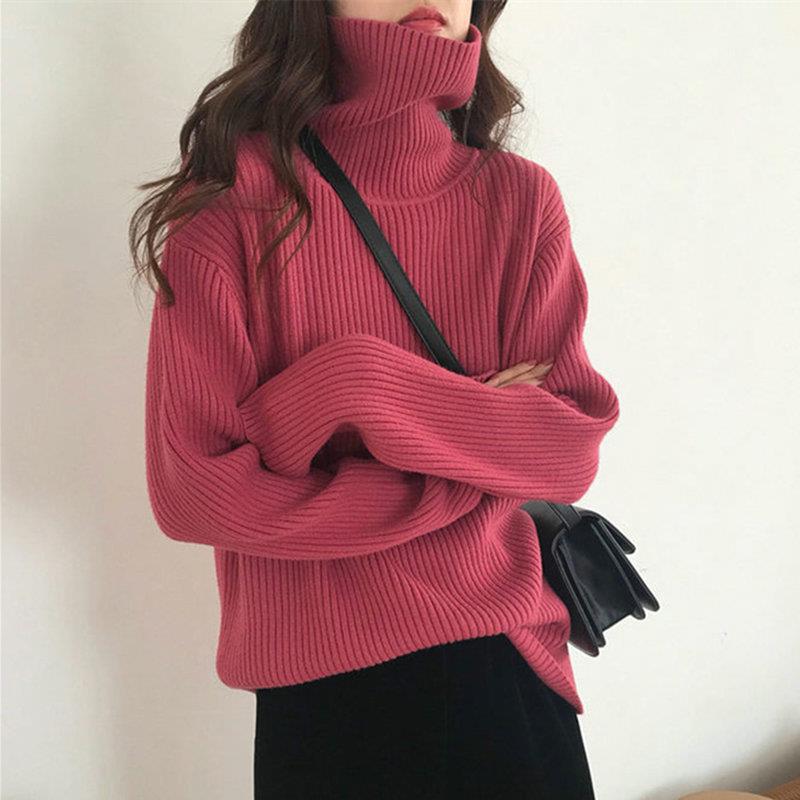 2025 Autumn/Winter New Ribbed High-Neck Plus Size Sweater for Women, Loose Pullover Knit Top, Thick