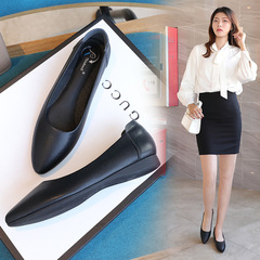 Women's Genuine Leather Single Shoes 2023 New Spring and Autumn Flat Black Work Shoes with Open Toe Pointed Head for Plus Size and Small Size Women
