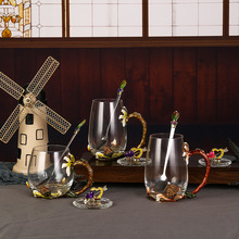 批发跨境珐琅彩花茶杯家用耐高温玻璃杯轻奢水晶杯欧式创意水杯