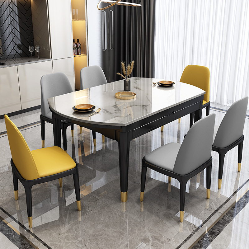 Light Luxury Marble Dining Table and Chair Combination Solid Wood Rock Board Household Small Apartment Modern Simple Retractable Round Table Dining Table
