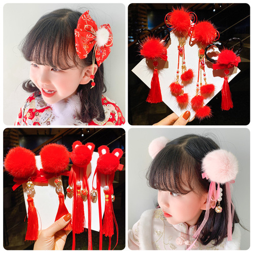Chinese style New Year's headdress children's Tang suit Hanfu New Year hair accessories baby girl's wig bow tassel hairpin