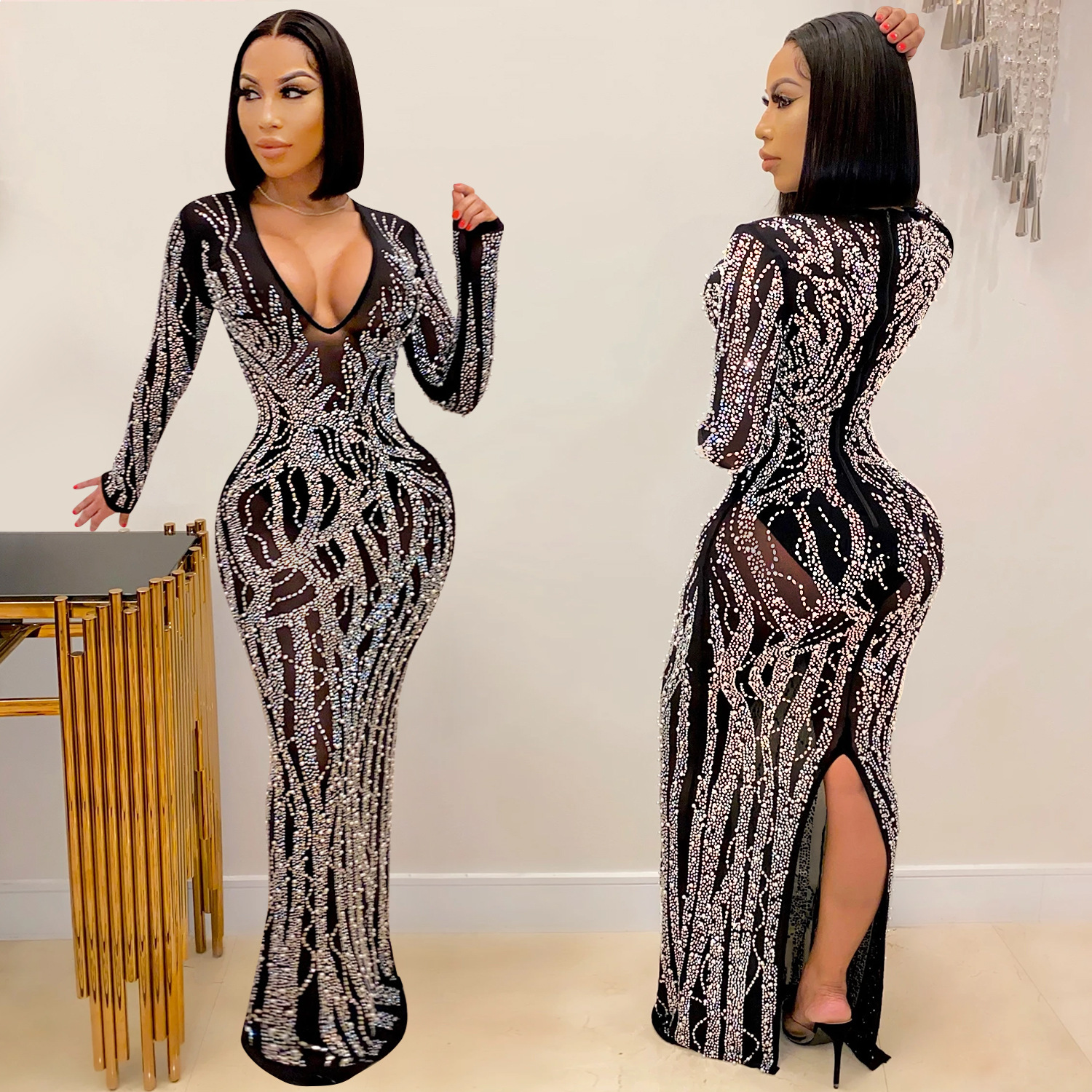 X5002 transfronterizo europeo y americano nuevo club nocturno sexy rhinestone diamante incrustado malla transparente brillante vestido de mujer image 3