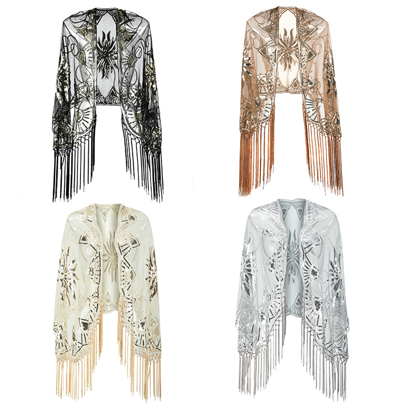 1920s manuales bordilla chal con sequillas vestido de fiesta cena cheongsam con chal transfronterizo europeo y americano