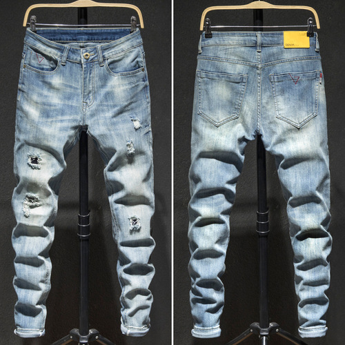 Embroidered Jeans for Men, Korean Style, Slim-Fit, Stretchy, Trendy, Skinny Pants with Ripped Holes and Patchwork, Personality-Driven, Streetwear Brand, Long Pants for Young Guys