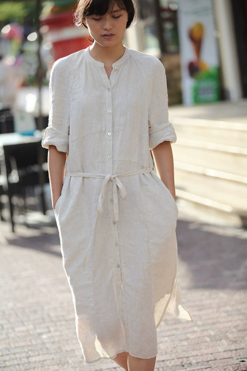 Оригинальное Новое льняное платье Facing Erhai Lake 2020, летняя рубашка с семиточечным рукавом в стиле ретро с воротником, юбка, оригинальный льняной цвет