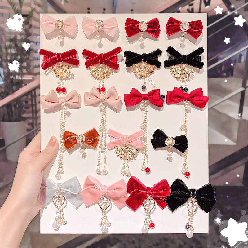 Korean style bow hairpin female duck bill clip velvet pearl pendant hair pin ponytail headdress clip fairy hair accessories