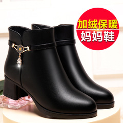 Women's Autumn/Winter Anti-Slip Fleece Lined Cotton Shoes with Medium Heel Leather Shoes Thick Heel Short Boots for Middle-Aged and Elderly Women