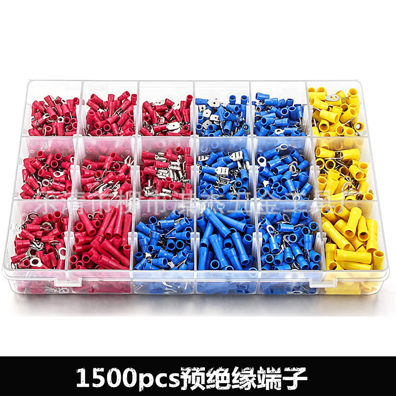 跨境专供1500pcs预绝缘冷压端子盒装组合 接线中间连接器子弹头