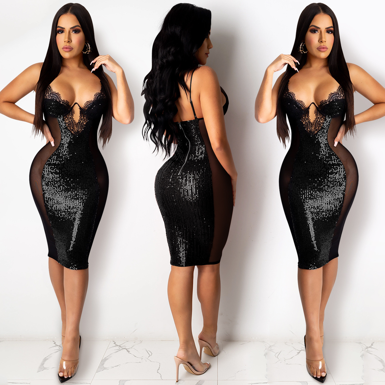 X3899 otoño y el invierno europeo y americano de las nuevas mujeres ropa discoteca sexy Sling vestido Amazon AliExpress lentejuelas encaje