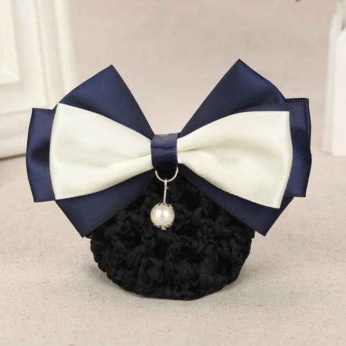 Professional hair flower Korean style hair net jewelry bow hanging pearl bank post mobile stewardess ribbon hairpin