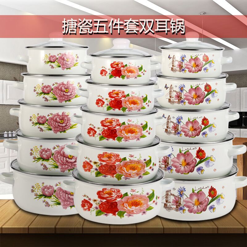 Foreign trade hot five piece enamel saucepan glass lid enamel pot household kitchen supplies 16-24cm 673DG