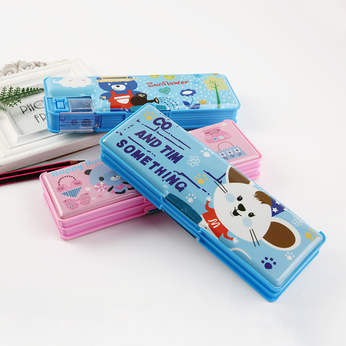 Multifunctional children's pencil case cartoon pencil case with pencil sharpener double-open plastic primary school student pencil case