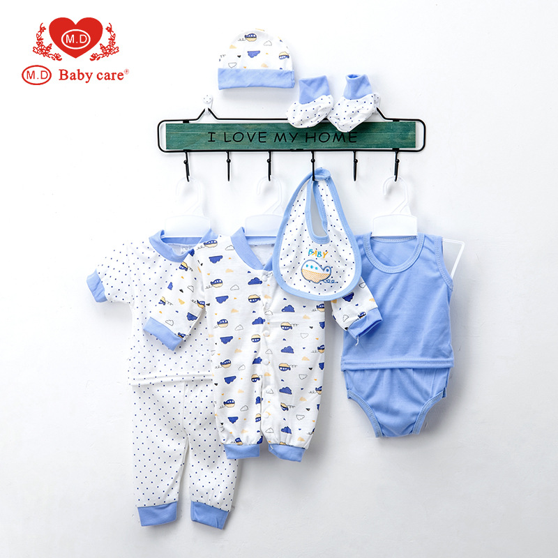 0-12月卡通印花男女童连体衣新生婴儿服礼盒单排扣短袖爬服八件套