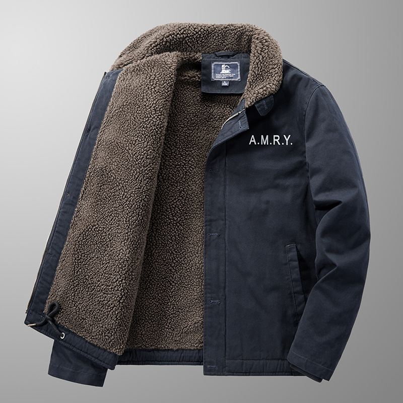 Lamb short men's winter thick fur collar, plush pilot jacket, lamb wool cotton jacket_voghion.com