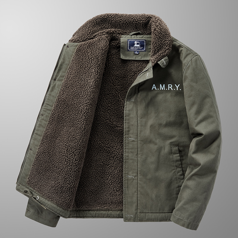 Lamb short men's winter thick fur collar, plush pilot jacket, lamb wool cotton jacket_voghion.com