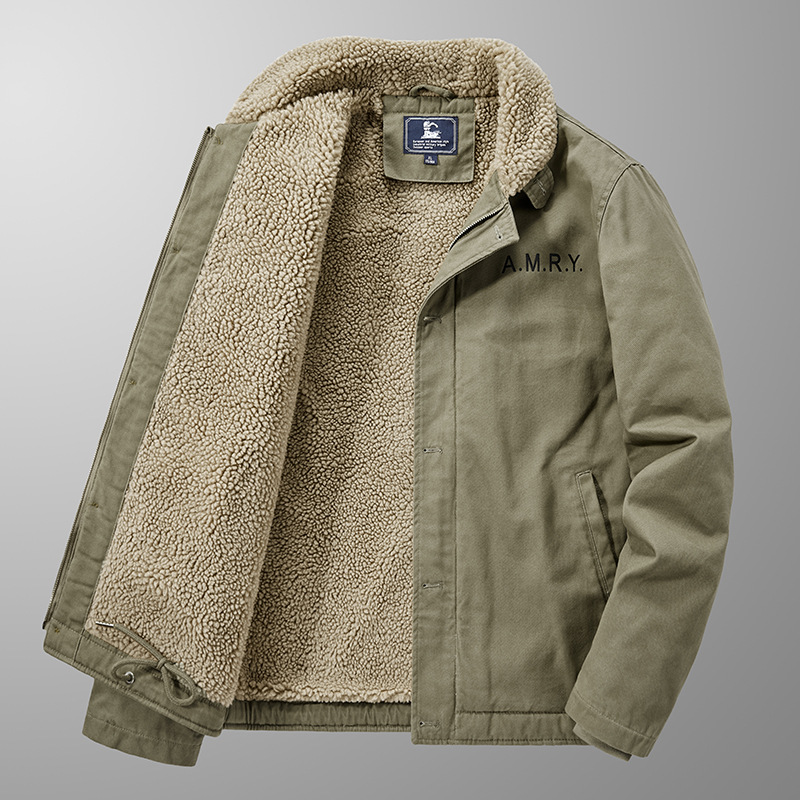 Lamb short men's winter thick fur collar, plush pilot jacket, lamb wool cotton jacket_voghion.com