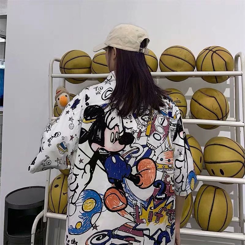 2026 Summer New Mickey Graffiti Shirt for Women, Half-Sleeve Couple's Korean Style Jacket, Printed Cartoon Short-Sleeve Shirt
