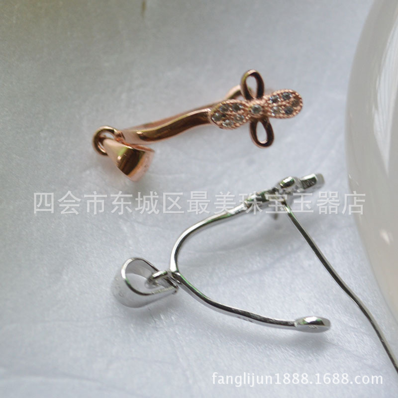 正品S925银镀白金玫瑰金夹翡翠平安扣吊坠针扣镶3A锆石花型扣批发